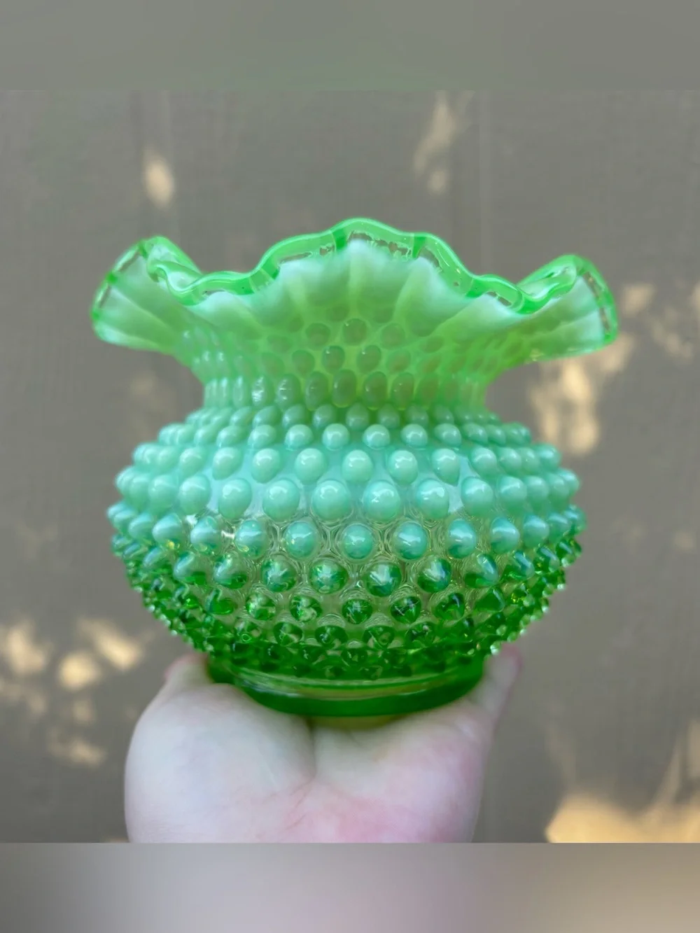 Fenton Rose Bowl Lime Green Opalescent Hobnail Glows!